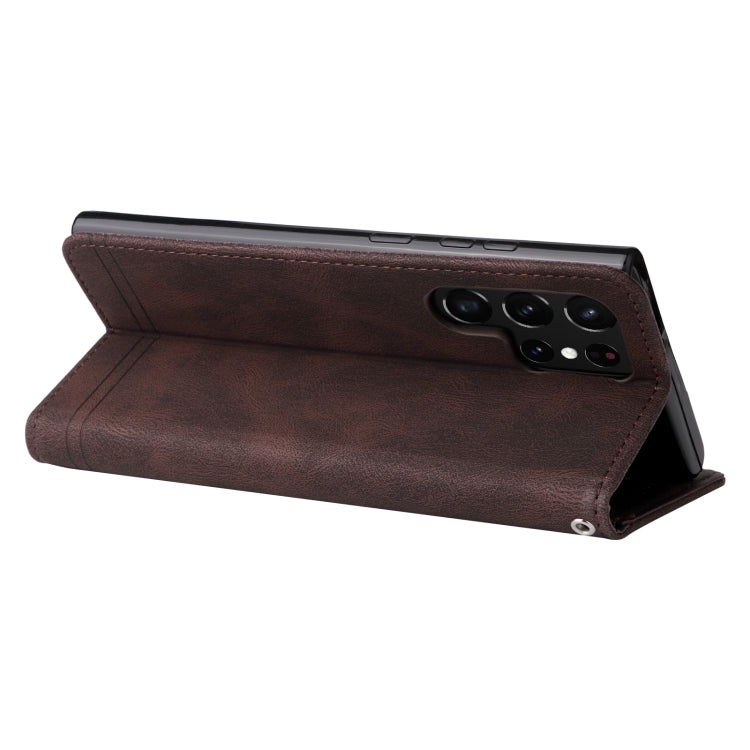 For Samsung Galaxy S22 Ultra Skin Feel Life Tree Metal Button Horizontal Flip Leather Phone Case