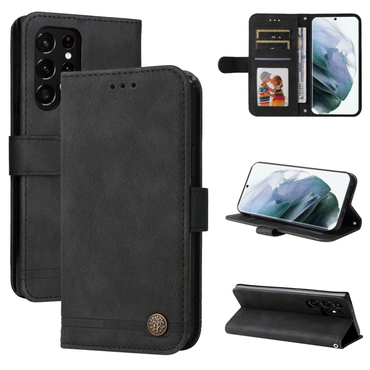 For Samsung Galaxy S22 Ultra Skin Feel Life Tree Metal Button Horizontal Flip Leather Phone Case
