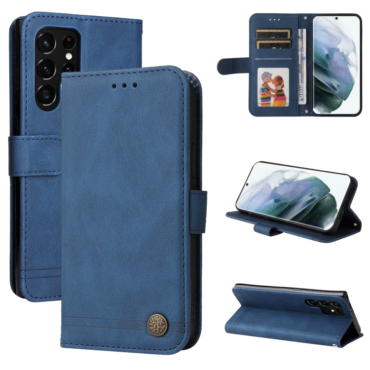 For Samsung Galaxy S22 Ultra Skin Feel Life Tree Metal Button Horizontal Flip Leather Phone Case
