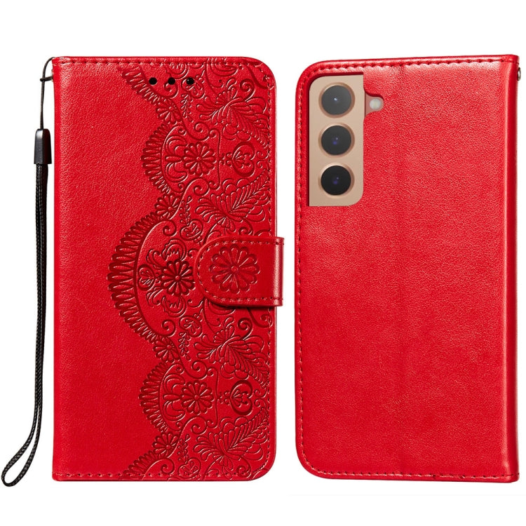For Samsung Galaxy S22 5G Flower Vine Embossing Pattern Horizontal Flip Leather Phone Case with Card Slot & Holder & Wallet & Lanyard