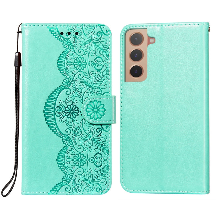 For Samsung Galaxy S22 5G Flower Vine Embossing Pattern Horizontal Flip Leather Phone Case with Card Slot & Holder & Wallet & Lanyard