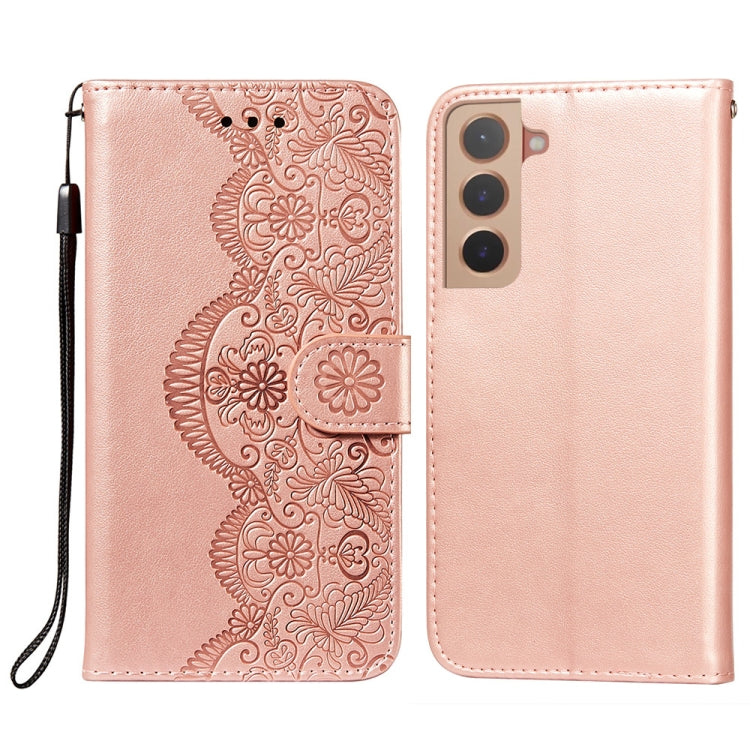 For Samsung Galaxy S22 5G Flower Vine Embossing Pattern Horizontal Flip Leather Phone Case with Card Slot & Holder & Wallet & Lanyard