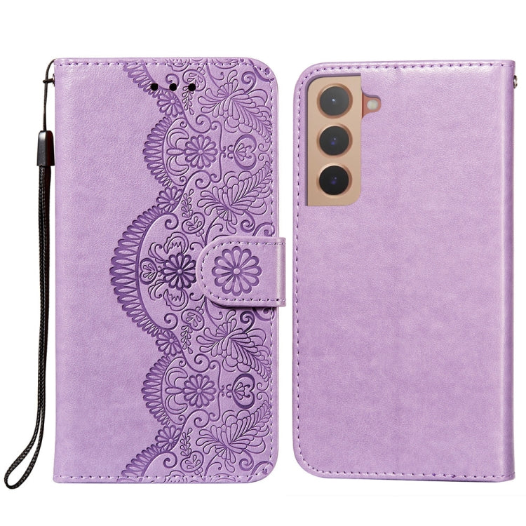 For Samsung Galaxy S22 5G Flower Vine Embossing Pattern Horizontal Flip Leather Phone Case with Card Slot & Holder & Wallet & Lanyard