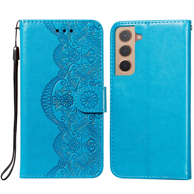 For Samsung Galaxy S22 5G Flower Vine Embossing Pattern Horizontal Flip Leather Phone Case with Card Slot & Holder & Wallet & Lanyard
