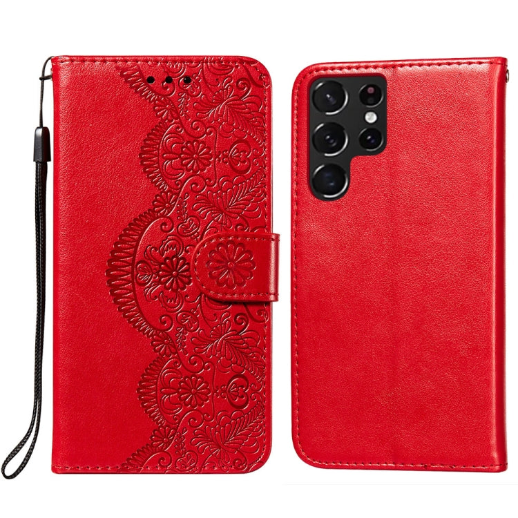 For Samsung Galaxy S22 Ultra 5G Flower Vine Embossing Pattern Horizontal Flip Leather Phone Case with Card Slot & Holder & Wallet & Lanyard