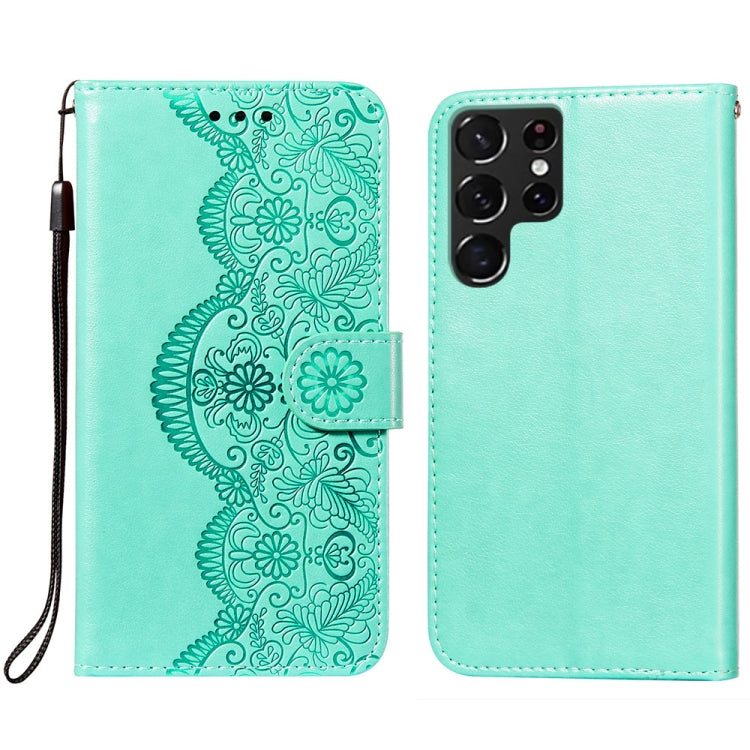 For Samsung Galaxy S22 Ultra 5G Flower Vine Embossing Pattern Horizontal Flip Leather Phone Case with Card Slot & Holder & Wallet & Lanyard