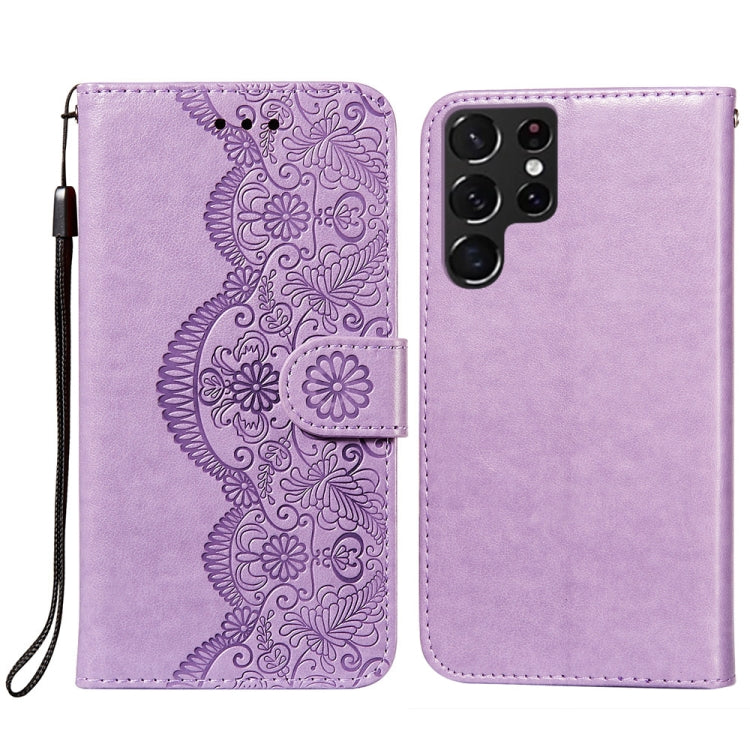 For Samsung Galaxy S22 Ultra 5G Flower Vine Embossing Pattern Horizontal Flip Leather Phone Case with Card Slot & Holder & Wallet & Lanyard