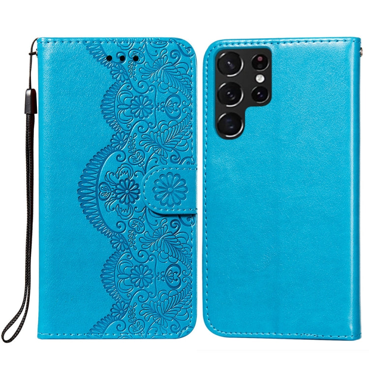For Samsung Galaxy S22 Ultra 5G Flower Vine Embossing Pattern Horizontal Flip Leather Phone Case with Card Slot & Holder & Wallet & Lanyard