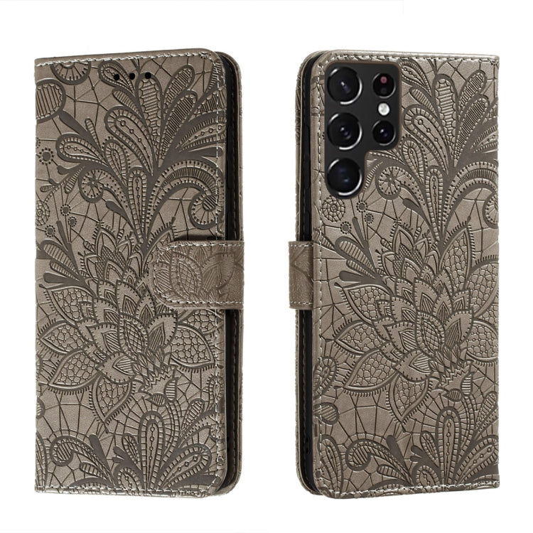 For Samsung Galaxy S22 Ultra 5G Lace Flower Leather Phone Case with Holder & Card Slots & Wallet & Photo Frame