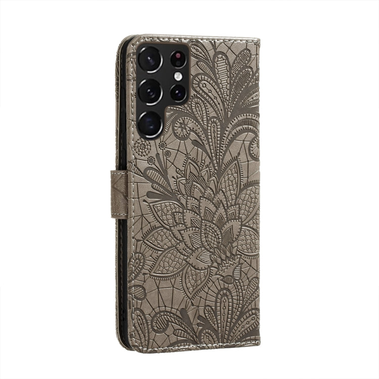 For Samsung Galaxy S22 Ultra 5G Lace Flower Leather Phone Case with Holder & Card Slots & Wallet & Photo Frame