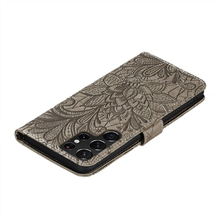 For Samsung Galaxy S22 Ultra 5G Lace Flower Leather Phone Case with Holder & Card Slots & Wallet & Photo Frame
