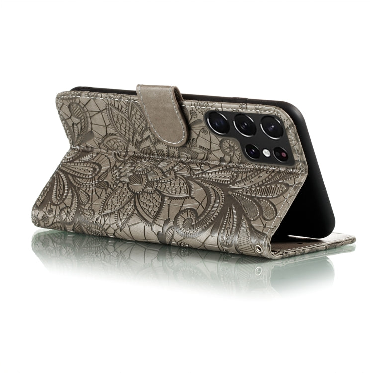 For Samsung Galaxy S22 Ultra 5G Lace Flower Leather Phone Case with Holder & Card Slots & Wallet & Photo Frame