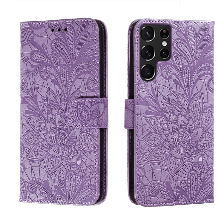 For Samsung Galaxy S22 Ultra 5G Lace Flower Leather Phone Case with Holder & Card Slots & Wallet & Photo Frame