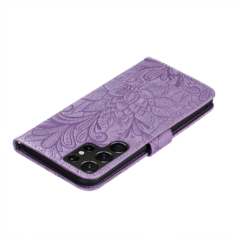 For Samsung Galaxy S22 Ultra 5G Lace Flower Leather Phone Case with Holder & Card Slots & Wallet & Photo Frame