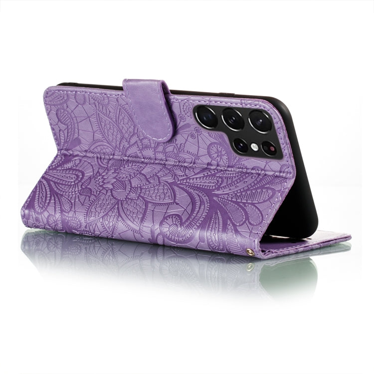 For Samsung Galaxy S22 Ultra 5G Lace Flower Leather Phone Case with Holder & Card Slots & Wallet & Photo Frame