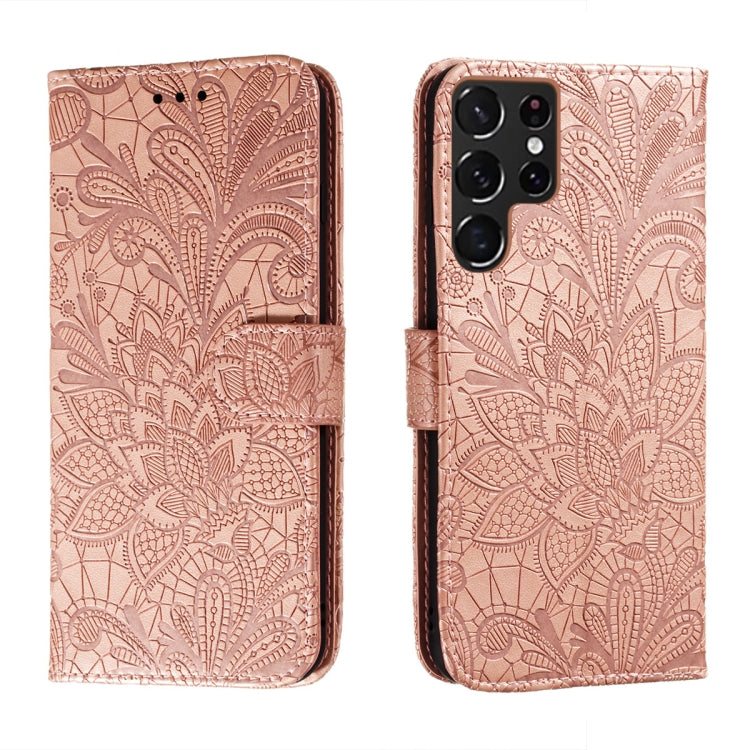 For Samsung Galaxy S22 Ultra 5G Lace Flower Leather Phone Case with Holder & Card Slots & Wallet & Photo Frame
