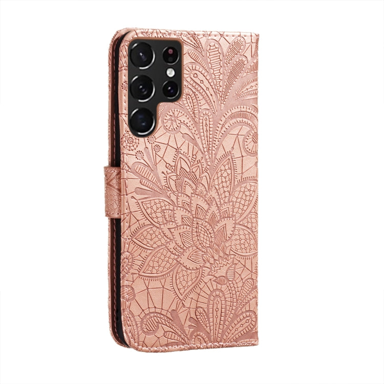 For Samsung Galaxy S22 Ultra 5G Lace Flower Leather Phone Case with Holder & Card Slots & Wallet & Photo Frame