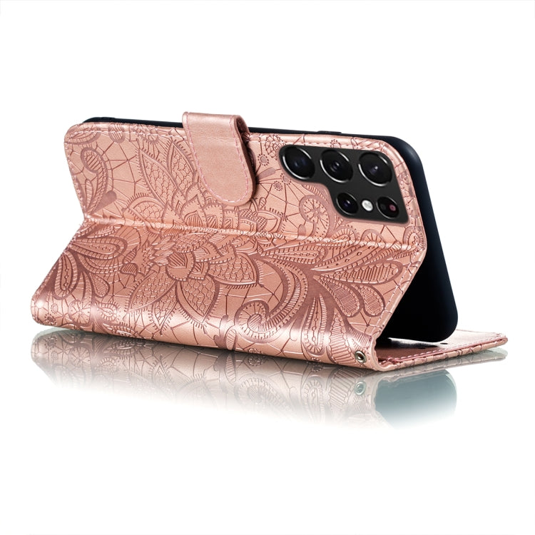 For Samsung Galaxy S22 Ultra 5G Lace Flower Leather Phone Case with Holder & Card Slots & Wallet & Photo Frame