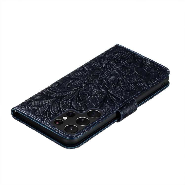 For Samsung Galaxy S22 Ultra 5G Lace Flower Leather Phone Case with Holder & Card Slots & Wallet & Photo Frame