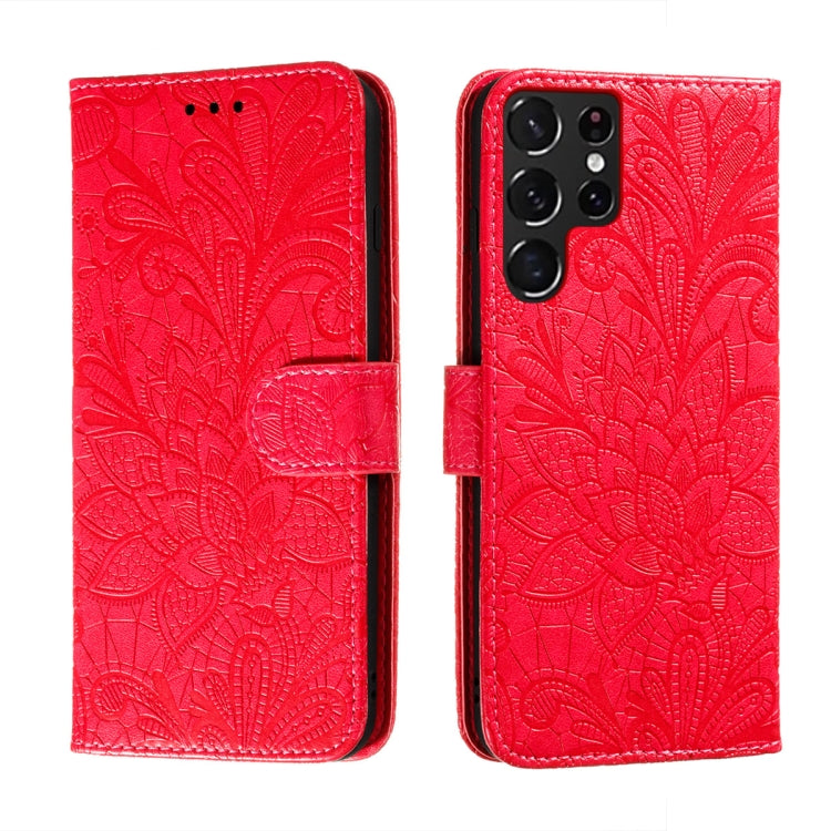 For Samsung Galaxy S22 Ultra 5G Lace Flower Leather Phone Case with Holder & Card Slots & Wallet & Photo Frame