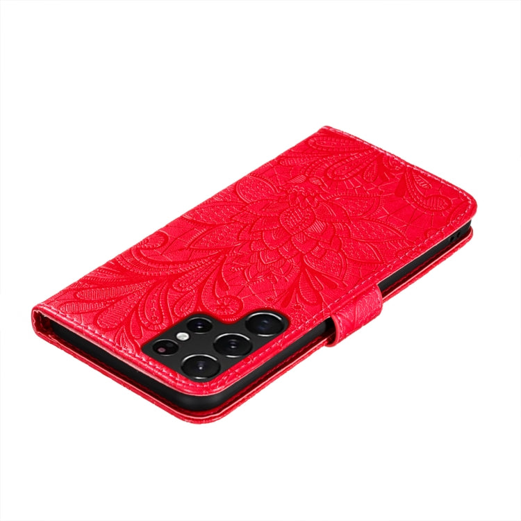 For Samsung Galaxy S22 Ultra 5G Lace Flower Leather Phone Case with Holder & Card Slots & Wallet & Photo Frame