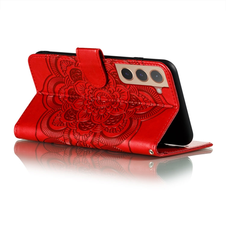 For Samsung Galaxy S22 5G Sun Mandala Embossing Pattern Phone Leather Case with Holder & Card Slots & Wallet & Lanyard