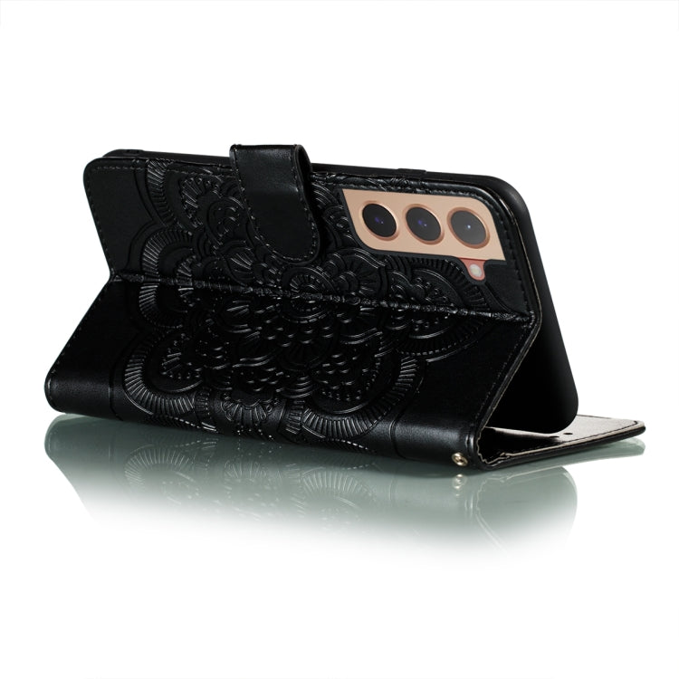 For Samsung Galaxy S22 5G Sun Mandala Embossing Pattern Phone Leather Case with Holder & Card Slots & Wallet & Lanyard