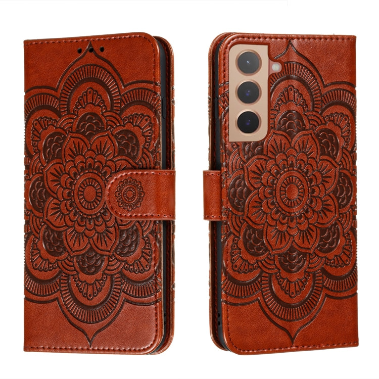For Samsung Galaxy S22 5G Sun Mandala Embossing Pattern Phone Leather Case with Holder & Card Slots & Wallet & Lanyard