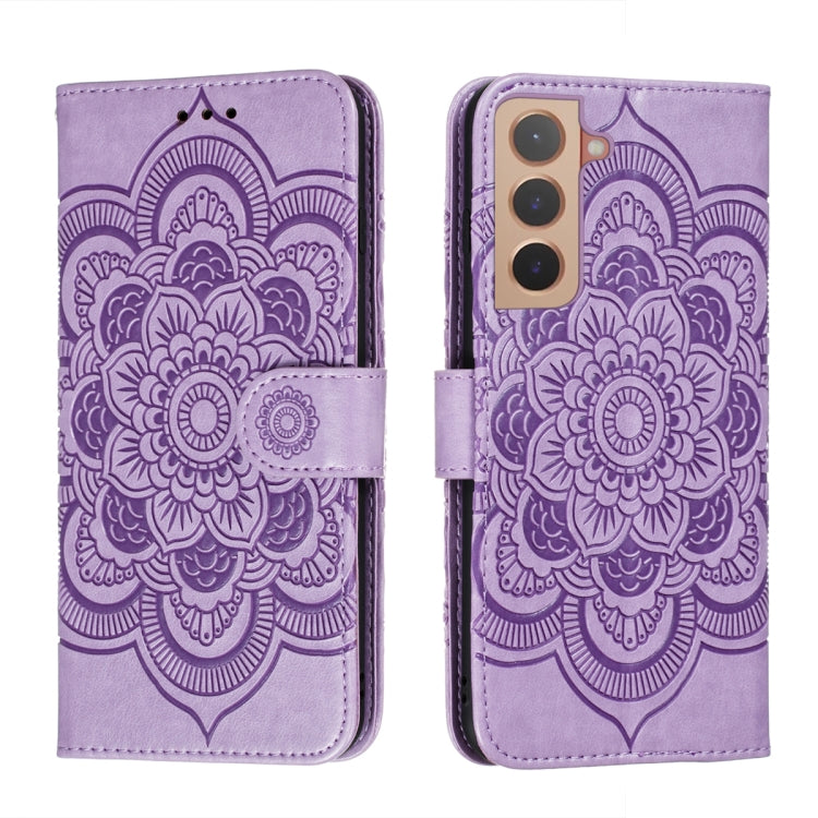 For Samsung Galaxy S22 5G Sun Mandala Embossing Pattern Phone Leather Case with Holder & Card Slots & Wallet & Lanyard