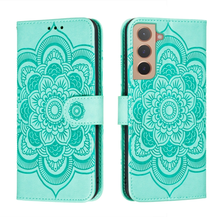 For Samsung Galaxy S22 5G Sun Mandala Embossing Pattern Phone Leather Case with Holder & Card Slots & Wallet & Lanyard