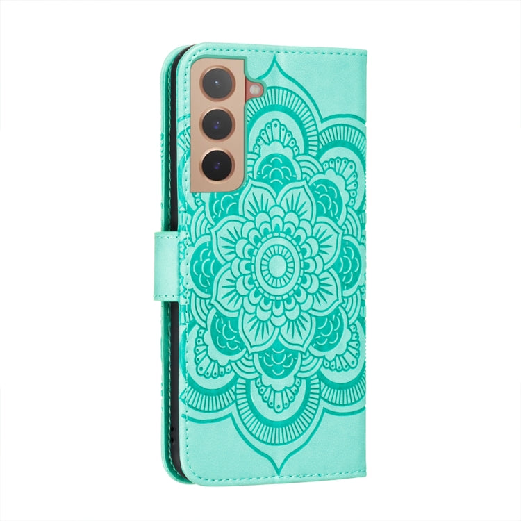 For Samsung Galaxy S22 5G Sun Mandala Embossing Pattern Phone Leather Case with Holder & Card Slots & Wallet & Lanyard