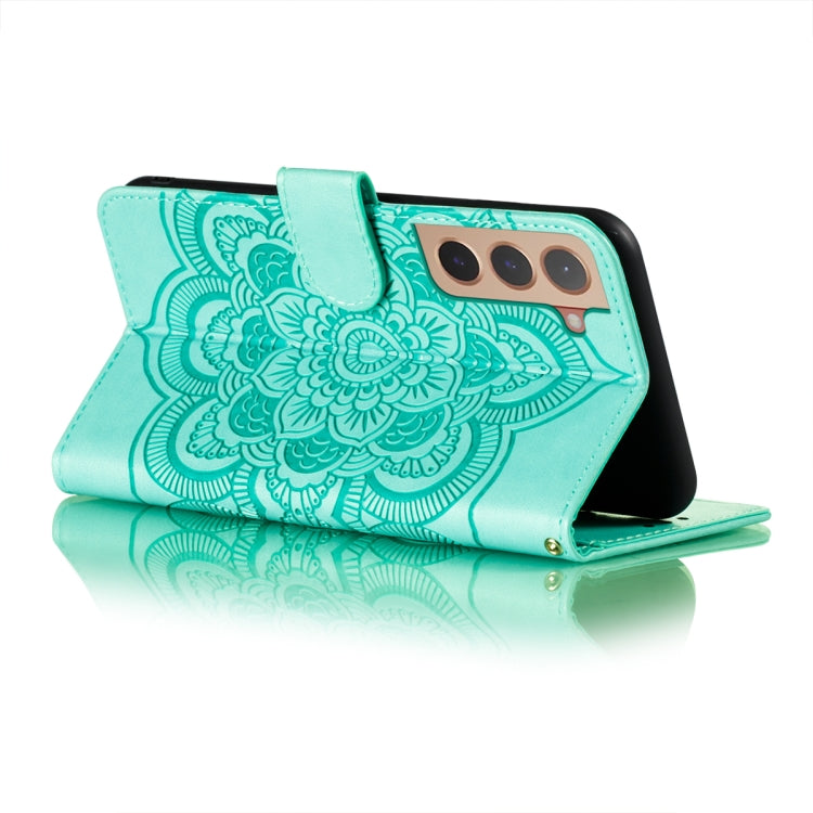 For Samsung Galaxy S22 5G Sun Mandala Embossing Pattern Phone Leather Case with Holder & Card Slots & Wallet & Lanyard