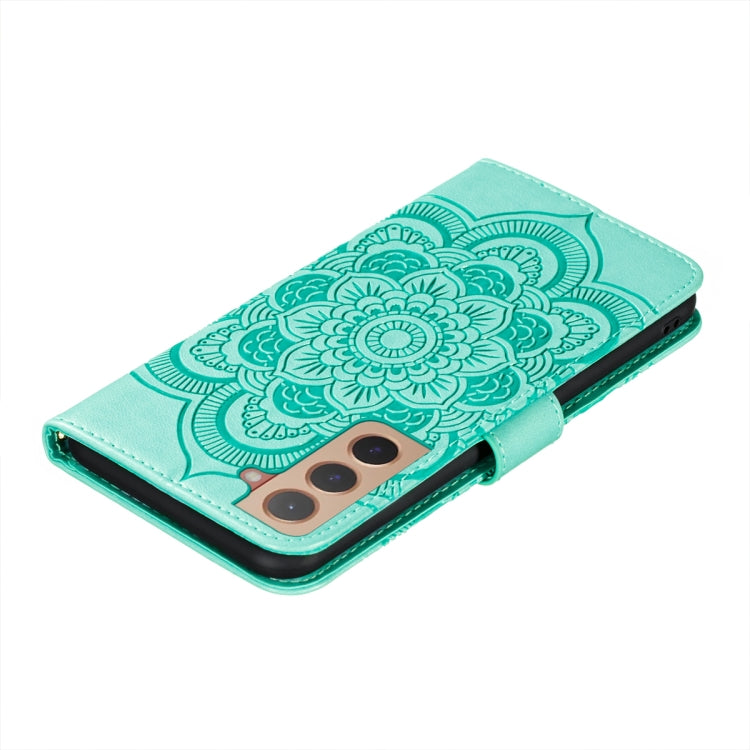 For Samsung Galaxy S22 5G Sun Mandala Embossing Pattern Phone Leather Case with Holder & Card Slots & Wallet & Lanyard