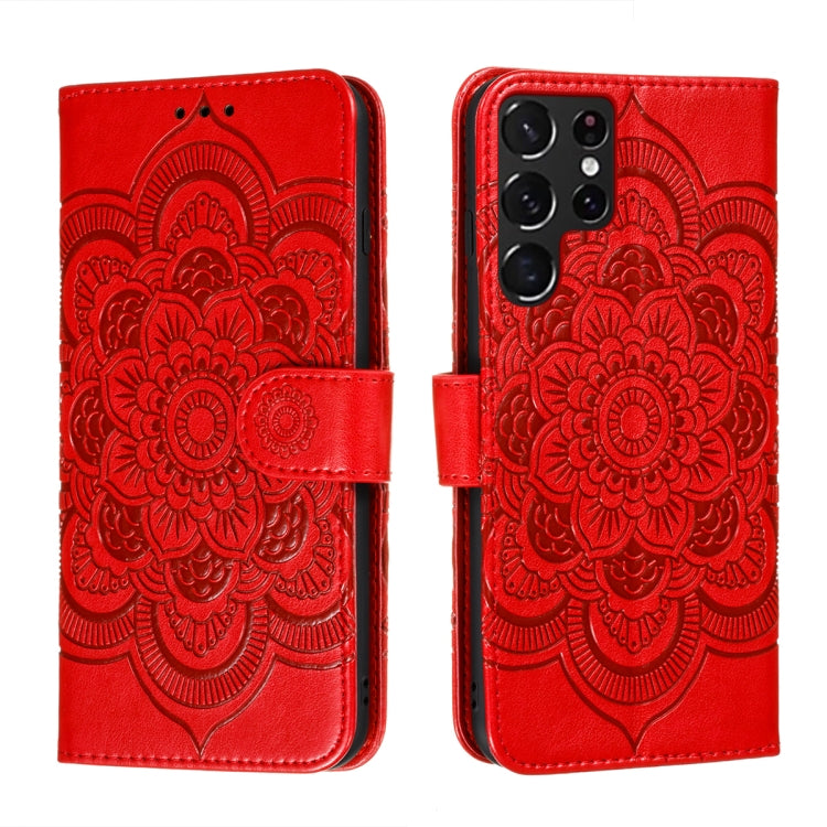 For Samsung Galaxy S22 Ultra 5G Sun Mandala Embossing Pattern Phone Leather Case with Holder & Card Slots & Wallet & Lanyard