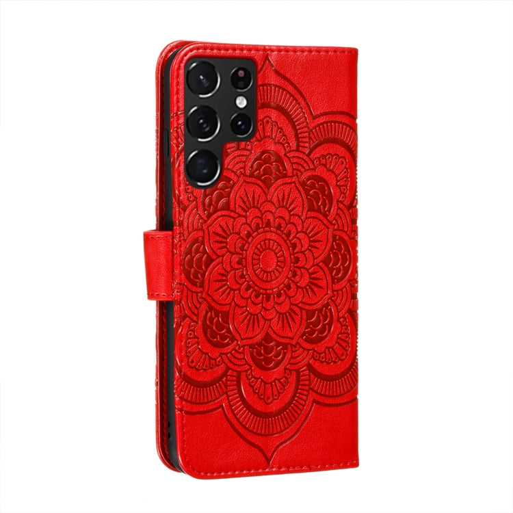 For Samsung Galaxy S22 Ultra 5G Sun Mandala Embossing Pattern Phone Leather Case with Holder & Card Slots & Wallet & Lanyard