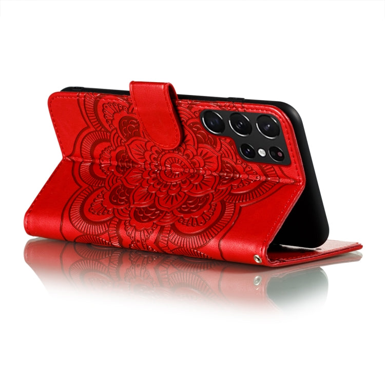 For Samsung Galaxy S22 Ultra 5G Sun Mandala Embossing Pattern Phone Leather Case with Holder & Card Slots & Wallet & Lanyard