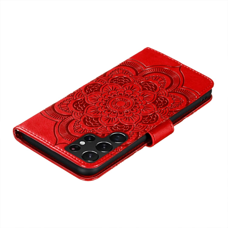 For Samsung Galaxy S22 Ultra 5G Sun Mandala Embossing Pattern Phone Leather Case with Holder & Card Slots & Wallet & Lanyard