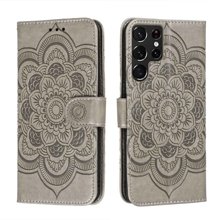 For Samsung Galaxy S22 Ultra 5G Sun Mandala Embossing Pattern Phone Leather Case with Holder & Card Slots & Wallet & Lanyard