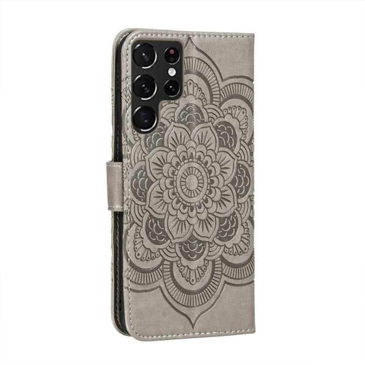 For Samsung Galaxy S22 Ultra 5G Sun Mandala Embossing Pattern Phone Leather Case with Holder & Card Slots & Wallet & Lanyard