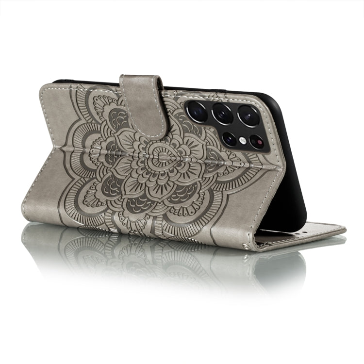 For Samsung Galaxy S22 Ultra 5G Sun Mandala Embossing Pattern Phone Leather Case with Holder & Card Slots & Wallet & Lanyard