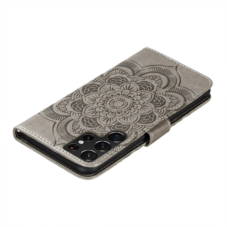 For Samsung Galaxy S22 Ultra 5G Sun Mandala Embossing Pattern Phone Leather Case with Holder & Card Slots & Wallet & Lanyard