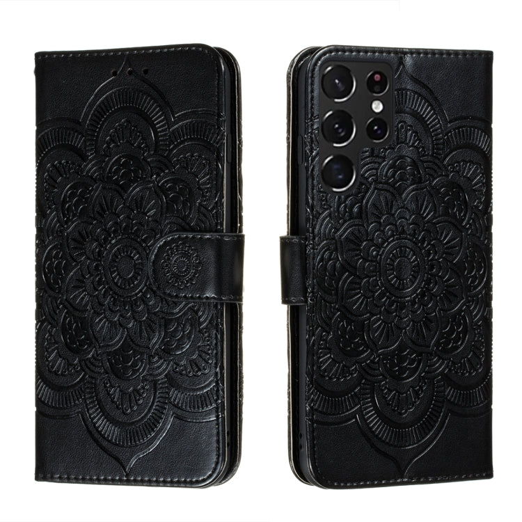 For Samsung Galaxy S22 Ultra 5G Sun Mandala Embossing Pattern Phone Leather Case with Holder & Card Slots & Wallet & Lanyard