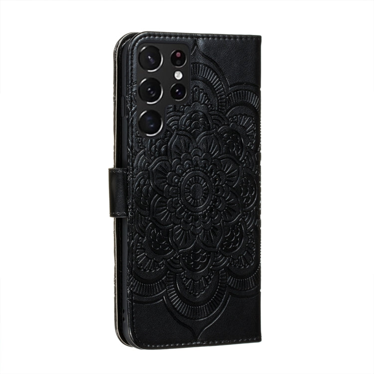 For Samsung Galaxy S22 Ultra 5G Sun Mandala Embossing Pattern Phone Leather Case with Holder & Card Slots & Wallet & Lanyard