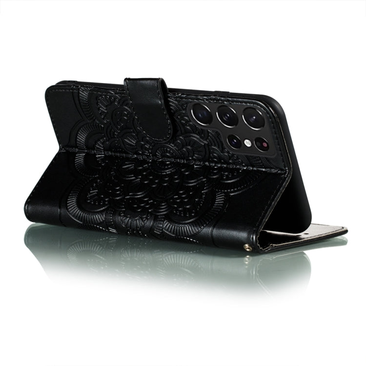 For Samsung Galaxy S22 Ultra 5G Sun Mandala Embossing Pattern Phone Leather Case with Holder & Card Slots & Wallet & Lanyard