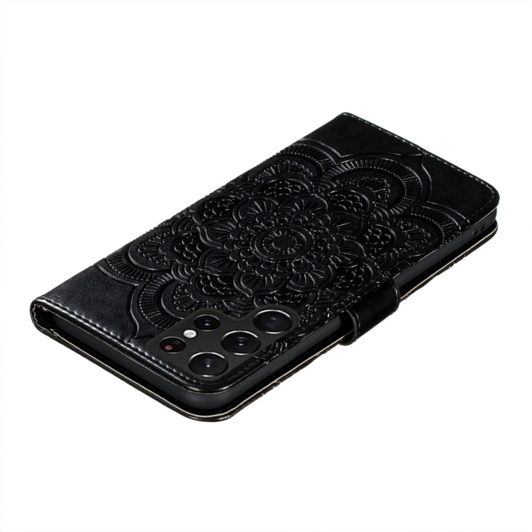 For Samsung Galaxy S22 Ultra 5G Sun Mandala Embossing Pattern Phone Leather Case with Holder & Card Slots & Wallet & Lanyard