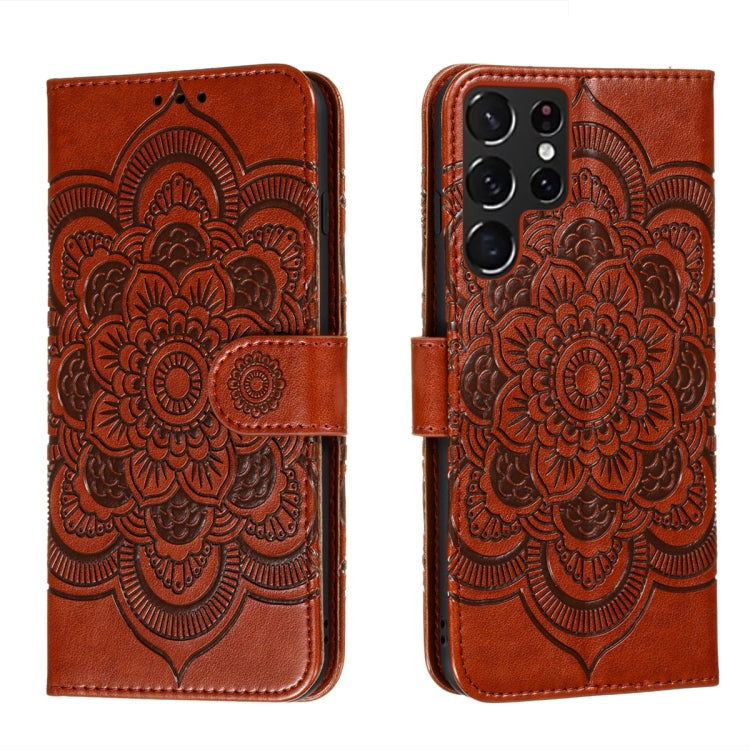 For Samsung Galaxy S22 Ultra 5G Sun Mandala Embossing Pattern Phone Leather Case with Holder & Card Slots & Wallet & Lanyard