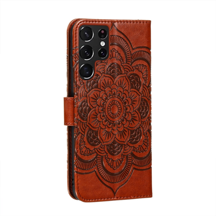 For Samsung Galaxy S22 Ultra 5G Sun Mandala Embossing Pattern Phone Leather Case with Holder & Card Slots & Wallet & Lanyard