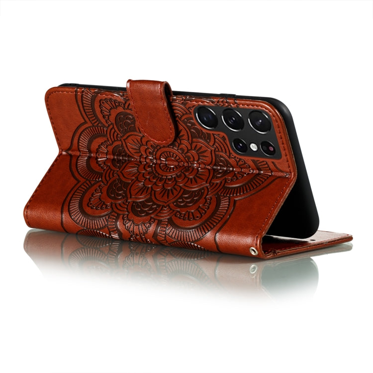 For Samsung Galaxy S22 Ultra 5G Sun Mandala Embossing Pattern Phone Leather Case with Holder & Card Slots & Wallet & Lanyard