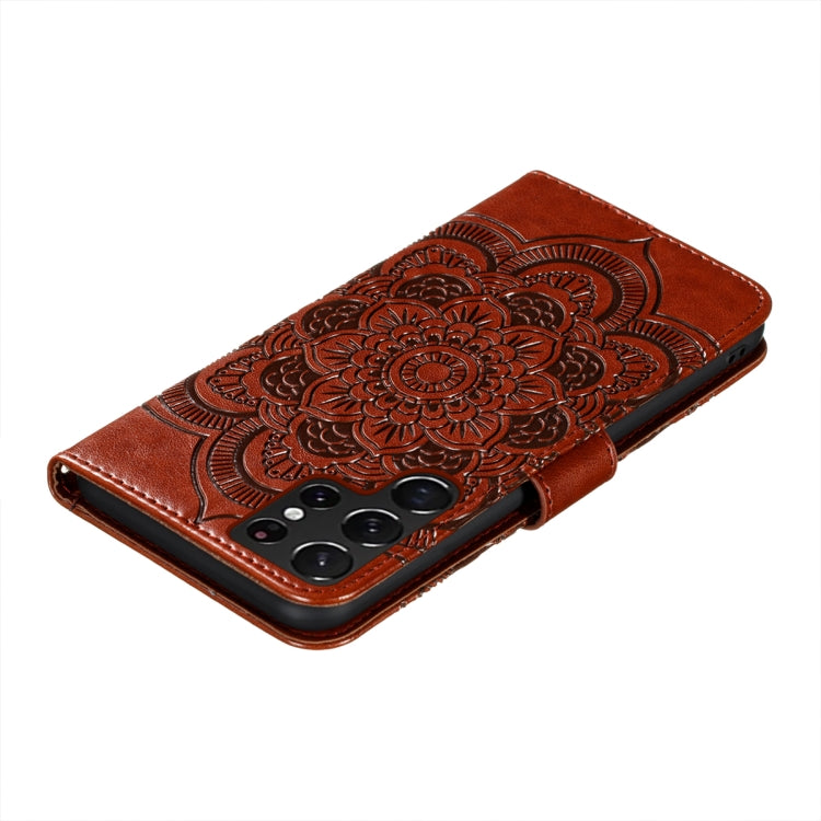 For Samsung Galaxy S22 Ultra 5G Sun Mandala Embossing Pattern Phone Leather Case with Holder & Card Slots & Wallet & Lanyard