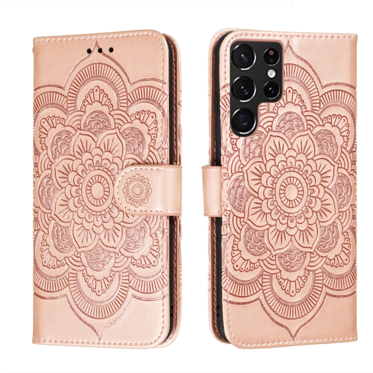 For Samsung Galaxy S22 Ultra 5G Sun Mandala Embossing Pattern Phone Leather Case with Holder & Card Slots & Wallet & Lanyard